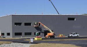 Steel building in construction